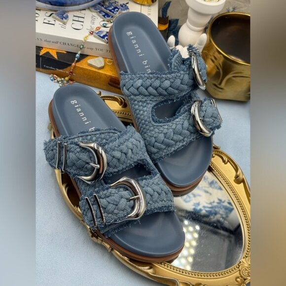 🆕 GIANNI BINI 🧿 NWOB Cecil Two Braided Denim Double Banded Slide Sandals Sz7.5 - Picture 6 of 13